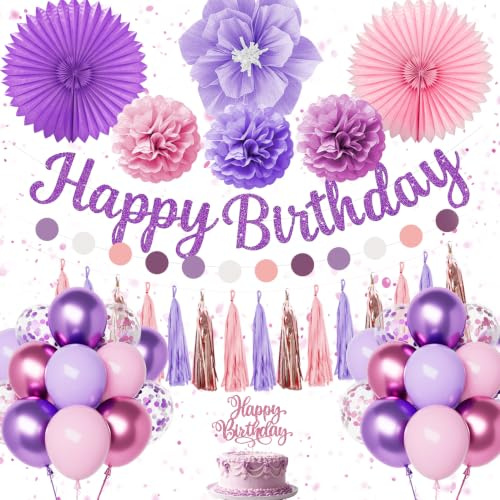 Morado rosa Decoraciones de Cumpleaños para Mujeres Niñas, Globo Cumpleaños