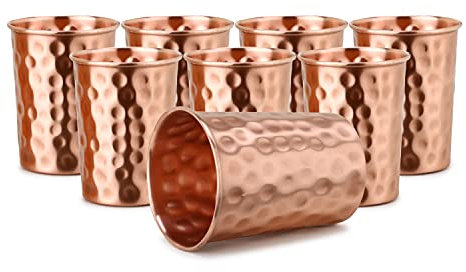 Zap Impex® Receptacle Hammered Copper Glass 100% Pure Copper Tumbler Ayurvedic Healing Set of 8