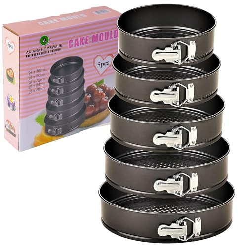 ARIANA HOMEWARE Set of 5 Round Cake Tins Springform with Removable Bottoms and Metal Handles Loose Base Baking Pan Tray Perfect for Cakes and Cheesecake – Sizes 18/20/22/24/26 CM