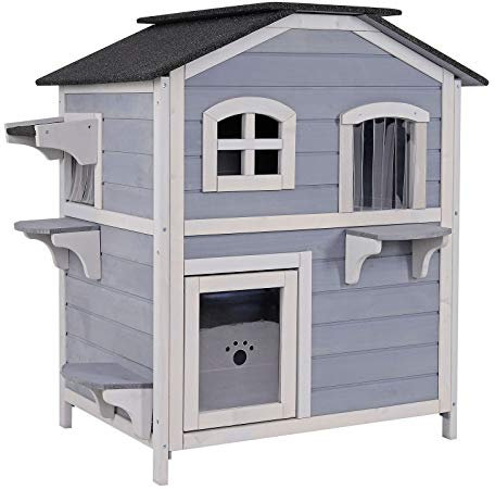 lionto Katzenvilla aus Tannenholz mit Bitumendach für drinnen und draußen, Katzenhaus über 2 Etagen mit Stufen, 80x55x90 cm, Lamellenvorhang und Fenster, Hütte für große Katzen geeignet, grau/weiß