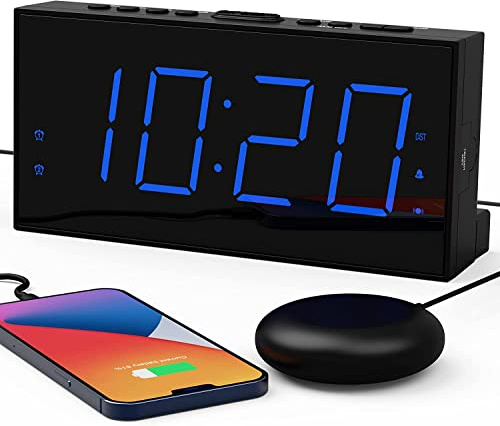ROCAM Wecker Laut für Tiefschläfer&Gehörlose,7'' Großes Display,Fette Schrift,Wecker mit Vibrator,Einstellbare Helligkeit,Doppelalarm,Snooze,USB-Ladegerät,zur Nutzung im Schlafzimmer（blau）