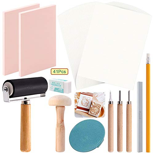Keadic Kit di 41 timbri in gomma, include 2 timbri in gomma, 3 strumenti per intaglio e pietra per affilare, carte da ricalco, rullo Brayer, strumenti di stampa per incidere e stampare timbri
