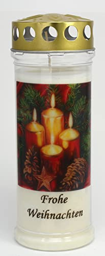 Grabkerze mit Spruch und Motiv Weihnachten, (21x7,5 cm) Grablicht mit 7 Tage Brenndauer (3946), Wetterfestes Trauerlicht mit Deckel, Hochwertige Trauerkerze, Edle Gedenkkerze aus Deutschland