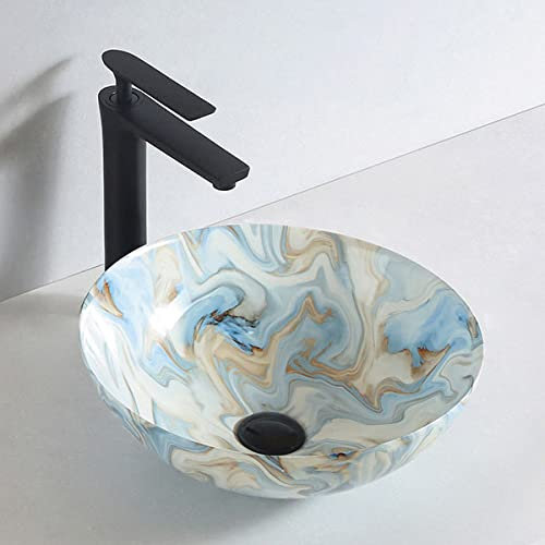 GT-LUX Lavabo lavandino lavello da appoggio in ceramica effetto marmo ROTONDO 405X405X150 mm MOD.6203 vari colori a scelta (BIANCO/CELESTE)
