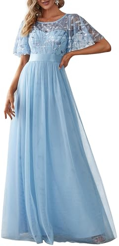 Ever-Pretty Damen Rundhalsausschnitt Kurze Ärmel Pailletten Tüll Elegant Maxi Abendkleider Himmelblau 58