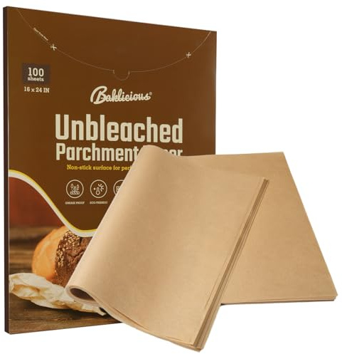 Baklicious 40.6x61cm 100pcs Unbleached Non-Stick Parchment Sheets | Ideal for Baking, Cooking, Grilling, Frying, Steaming, and Full Sheet Pan Lining.