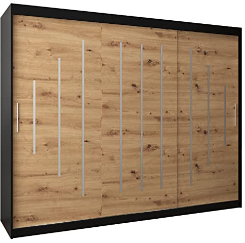 MEBLE KRYSPOL - Kleiderschrank, Schlafzimmerschrank - Schrank DREI Türen - 4 Fächer rechts, Links, 2 Stangen, Fach - Garderobenschrank York, Körperfarbe Schwarz, Frontfarbe Artisan - 250x62x200cm