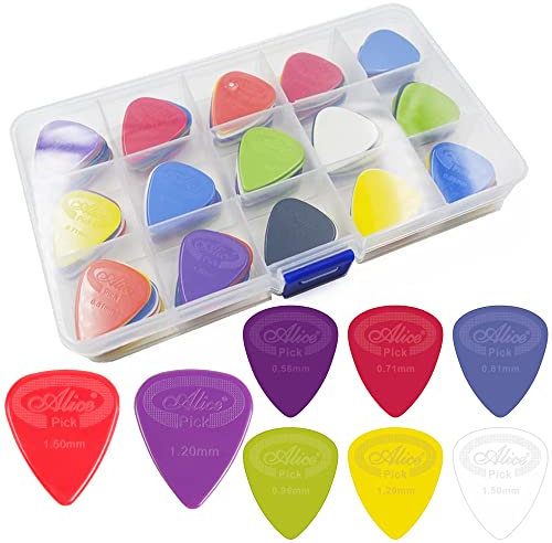 jiaoguo 100pcs Nylon Guitar Picks Plectrum Pick 0.58/0.71/0.81/0.96/1.20/1.50 mm with 15 Grid Case Storage Box