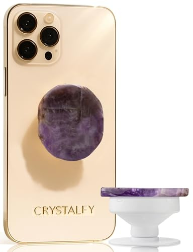 Grips by CRYSTALFY Amethyst Natural Edge Crystal Phone Grip Holder & Expanding Kickstand-Natural Gemstone Swappable Top Accessory Compatible with iPhone, iPad, Kindle & Mobile Devices