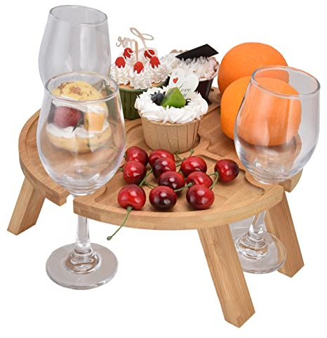 Foldable Wooden Wine Picnic Table – Portable Outdoor Snack & Cheese Tray with 4 Glass Holders for Garden, Camping, Beach