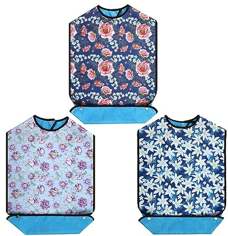 Dongawin Lätzchen für Erwachsene, wasserdicht und waschbar, wiederverwendbarer Kleidungsschutz für ältere Menschen. 34 x 18 (3 Stück, Orchidee，Lila Blume，Saflor)