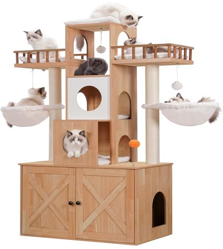 Heybly Kratzbaum mit Katzentoilettengehege für den Innenbereich, Katzenturm für große Katzen, 9 kg, strapazierfähig, moderne Katzenhütte mit Kratzstämmen, Walnuss HCT110WB