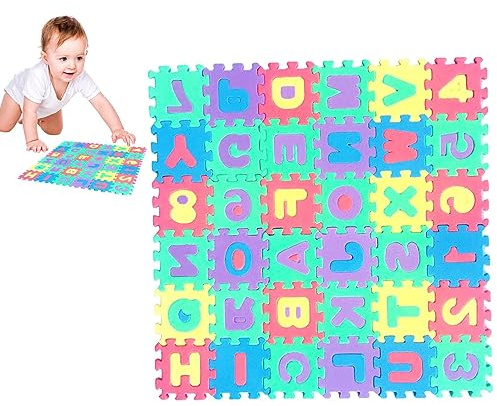 Schaumstoffspiel – Boden Puzzle aus Schaumstoff mit 36 Fliesen | Lernmatte aus Schaumstoff mit 26 Buchstaben und 10 Zahlen für Mädchen und , Schaumstoff-Puzzle-Boden