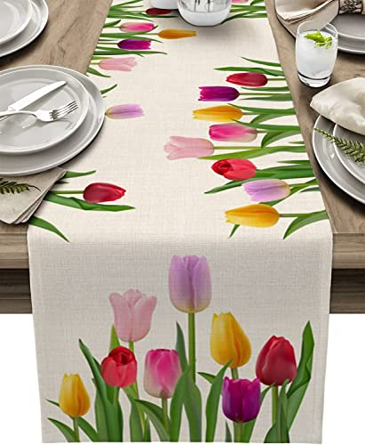 Avoik Runner da tavola moderno, motivo stampato in tela di lino da fattoria Runner da Tavolo per decorazioni per feste da pranzo in cucina, 33 x 180 cm, colorato