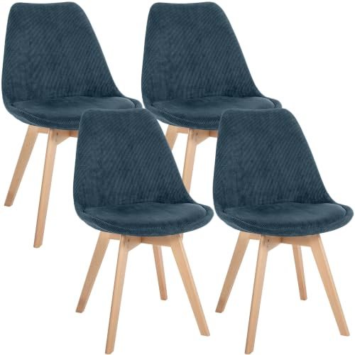 CLP Esszimmerstuhl 4er Set gepolstert Linares, Küchenstühle mit Rückenlehne und Holzgestell Buchenholz, Polsterstühle mit Bodenschonern - Farbe dunkelblau Material Cord