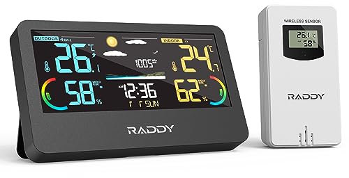 Raddy WF-55C PRO Weather Station Wireless Indoor Outdoor Thermometer Hygrometer Barometer, Weather Forecast, Color Display with Remote Sensor for Home Use