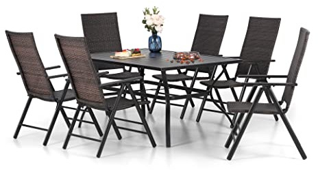 MFSTUDIO Rattan Gartenmöbel Set, Terassenmöbel Außen, Rechteckiger Gartentisch mit Verstellbarem Schirmloch(4-5cm), Polyrattan Sitzgruppe Wetterfest