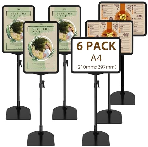 Newzealkids Confezione da 6 Supporti Regolabili A4 per Poster, Supporto Riutilizzabile per Pubblicità, Menu Aziendale, Supporto per Display per Visualizzazione Verticale e Orizzontale, Nero