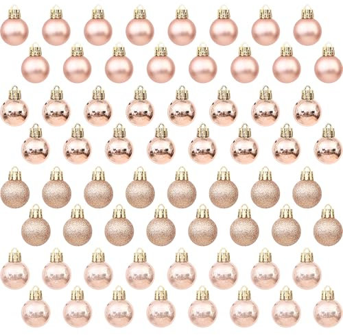 Sea Team 64-Pack Christmas Ball Ornaments with Strings, 25mm/0.98 Small Size Baubles, Shatterproof Plastic Christmas Bulbs, Hanging Decorations for Xmas Tree, Holiday, Wedding, Party, Rose Gold