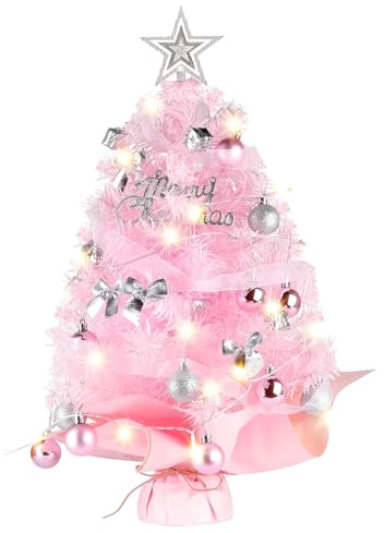 Xinlie Albero di Natale Piccolo 45cm Rosa Mini Albero Natale da Tavolo con Stella Albero Natale Piccolo Albero di Natale Artificiale con Luci a Led e Palline Glitterate per Natale,Tavolo da Pranzo