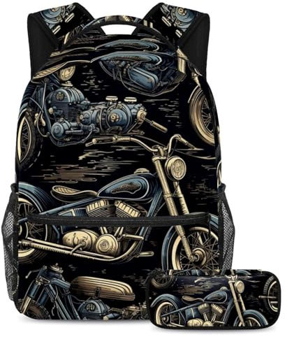 Schulranzen Set - Vintage Motorrad Thema Rucksack mit Federmäppchen Combo, ideal für Schüler, Jungen und Mädchen, Vintage-Motorrad-Design, Größe L