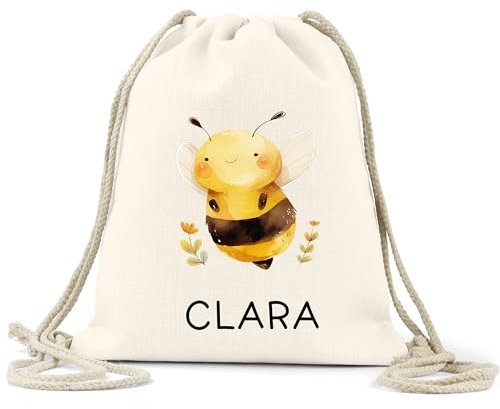 kleinebuchstaben 100% Baumwolle Turnbeutel Personalisiert mit Name - Wunschname - Sportbeutel Rucksack mit Kordelzug - für Sport Kindergarten Schule - 38 x 45 cm - 13 Liter (Biene)