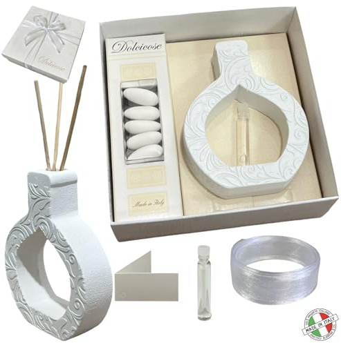 Regalami.Shop Set 5 bomboniere in Marmo di Carrara Complete di Scatola, Nastro, bigliettino, Essenza, portaconfetti (5, Rotondo)