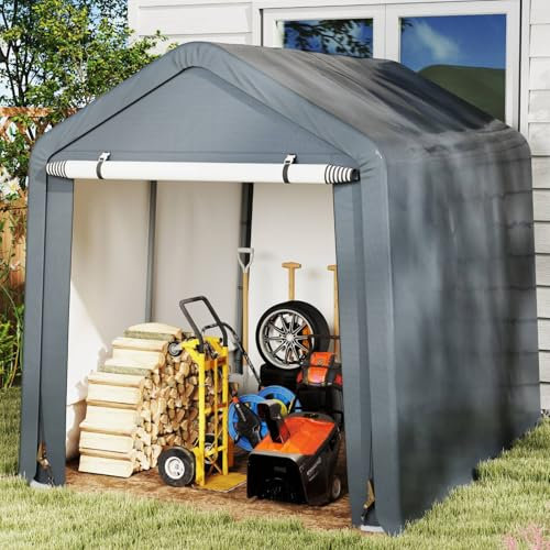TANGZON 7x5.2FT Outdoor Garden Storage Shed, Galvanized Steel Frame Waterproof Bike Storage Tent with 8 Ground Nails, Roll up Zipper Door & Ratchet Strap, Outdoor Garage Bicycle Cover Shelter