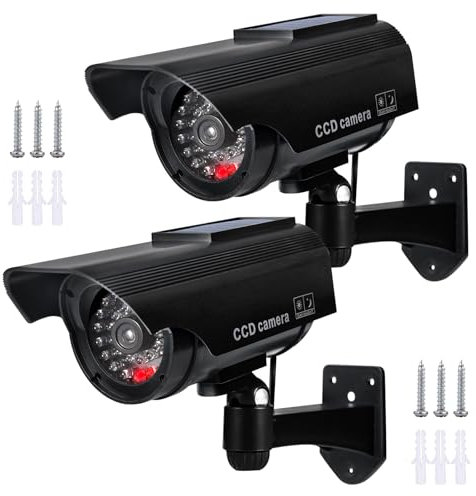 BORDEAG 2 pezzi fotocamera finta CCTV Dummy telecamera di sorveglianza, Dummy fotocamera solare, fotocamera finta da parete, telecamera di sicurezza con LED rosso lampeggiante, finte per interni ed