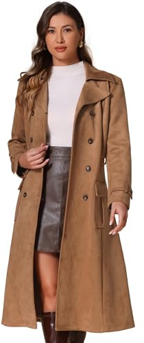 Allegra K Kvinnor Dubbelknäppt bälte falsk trenchcoat med indragen manschett mocka för långärmade rockar, Braun, XL