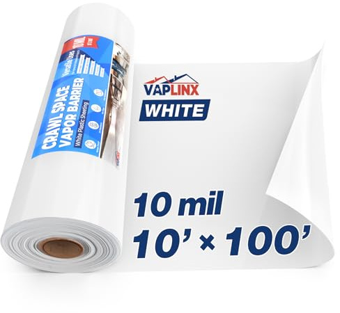 White Crawl Space Vapor Barrier, 10 Mil Vapor Barrier, 10' x 100', Heavy Duty Polyethylene Film, Thick Plastic Sheeting, Plastic Drop Cloth Covering for Crawlspace, Basement, White