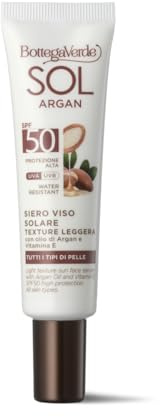 Bottega Verde - SOL Argan, Sonnen-Serum für das Gesicht, 25 ml, angereichert mit Arganöl und Vitamin E, hoher Schutz, LSF 50, feuchtigkeitsspendend, leichte Textur, wasserfest, für alle Hauttypen