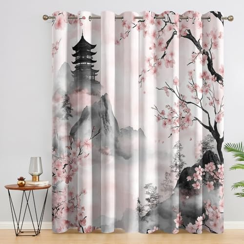 SZLYZM Vorhänge Japanische Kirschblüten, Verdunkelungsvorhang 2er Set - Vorhang Blickdicht Asiatische Muster, Thermovorhang für Deko Wohnzimmer Schlafzimmer, Gardinen mit Ösen 200x140 cm (HxB)