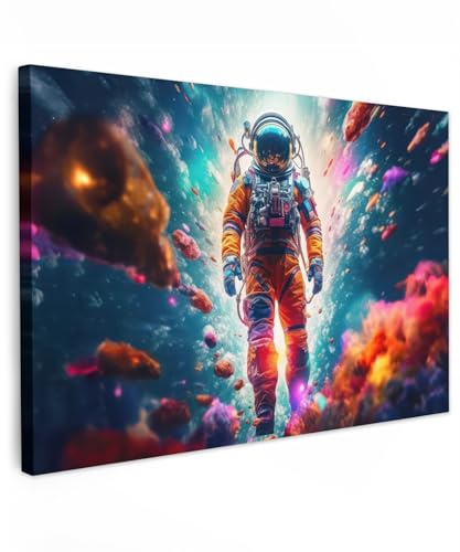 MuchoWow© Bilder Groß XXL Wohnzimmer Deko Modern Wandbild Kunstdruck | 120x80 cm - Leinwand Bild Schlafzimmer über Bett Room Decor Geschenke Astronaut - Neon - Meteorit