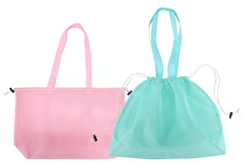 Lyreh 2uds Bolsa Malla Juguetes Playa, Bolsa Playa Rejilla Plegables y Ligeras con Cordón para Piscina Gimnasio Camping Viaje a la Costa Esenciales(Rosa y Verde)
