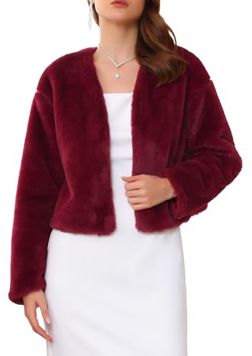 WOMLAYOUT Donna Bolero Elegante per Abiti Da Sera Cocktail Sposa Matrimonio Giacca Elegante in Pelliccia Sintetica Borgogna L