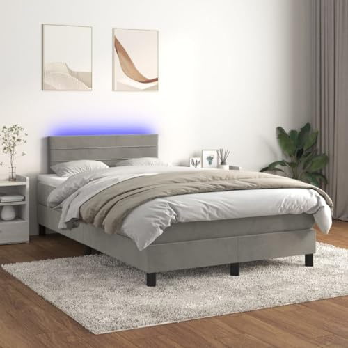 IKAYAA Boxspringbett mit Matratze 120 x 200 Bett mit LED Beleuchtung & Topper Boxspringbett 120 x 200 cm Bett mit Matratze und Lattenrost Bett komplett mit Kopfteil Samt-Hellgrau-120 x 200 cm