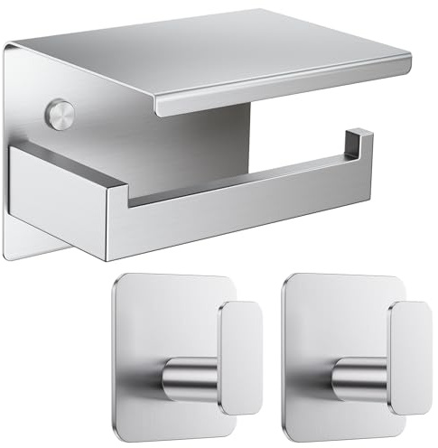 Aikzik Klopapierhalter ohne Bohren, Toilettenpapierhalter und 2 Stück Klebehaken, Edelstahl Klorollenhalter, Wc Papier Halterung Rollenhalter mit Kleber für Badzimmer, Silber