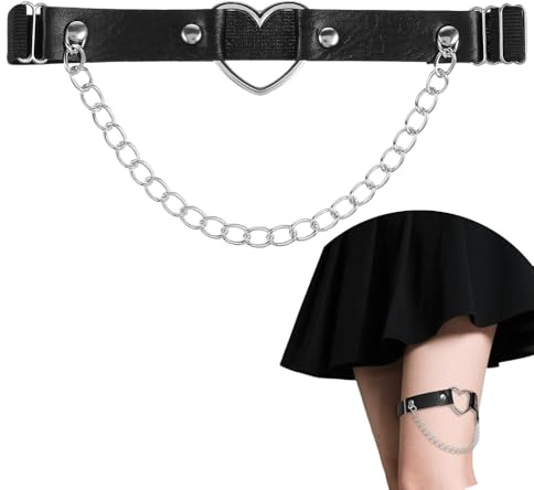 Damen Sexy Leder Bein Strumpfband Schwarz, Goth Accessories Verstellbarer Strumpfhalter Mit Ketten, Herz Strumpfhalter Rave Outfit Damen für Frauen Halloween Rave Karneval Cosplay Party