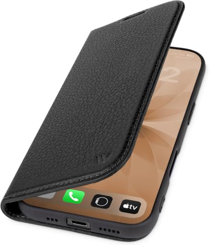 WIIUKA Hülle für iPhone 17 Pro, Leder aus Deutschland, mit Kartenfach, extra Dünn, Handyhülle mit Standfunktion, Tasche, Klapphülle, suiit, Teil, Schwarz