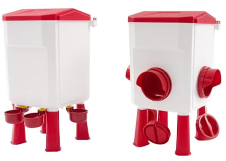 Distributore per polli e pozioni combinate – Mangiatoia automatica e distributore d'acqua con grandi serbatoi da 12 kg/11 L e piedini stabili, per pollaio e giardino (rosso)