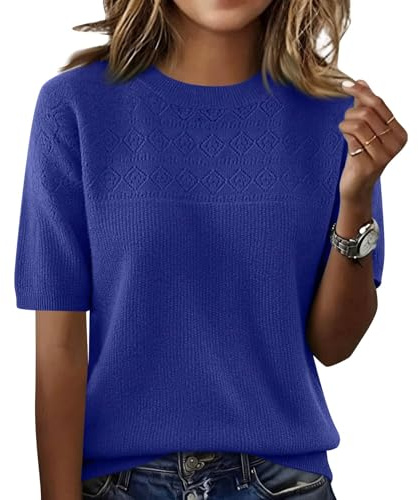 Damen Kurzarm Pullover Frühling 2026 Mode Rundhalsausschnitt Frühling Strickshirt Elegant Leicht Pullover Sommer