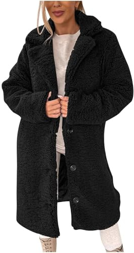 Lång teddyjacka för kvinnor fleecejacka teddy trenchcoat varm vinter, Svart, L