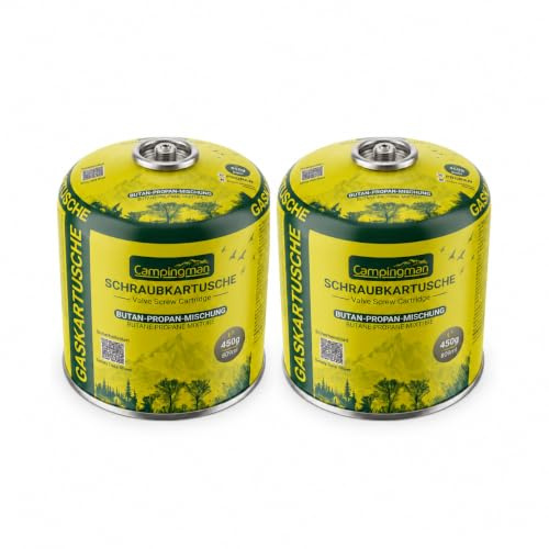 Campingman 2 Stück Gaskartuschen 450g, EN417 Schraubkartusche mit Schraubventil, Butan-Propan Gas, Geräte mit 7/16“ Gewinde, Ventilkartusche für Campingkocher, Weber Gasgrill, Camping & Outdoor