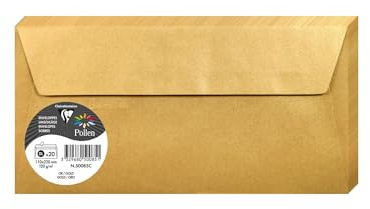 Clairefontaine Enveloppes DL Dorées 120g Auto-Adhésives Lot 20 – Format standard 11 x 22 cm, Papier Lisse, Invitation Mariage, Faire-Part, Cartes et Correspondance – Pollen – Référence 50085C