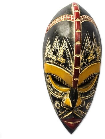 NOVICA Light Brown Handcrafted Nigerian Wood Wall Mask with Aluminum Accents, 'King's Companion'