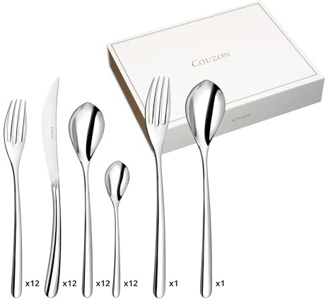 COUZON - Ménagère 50 couverts de table en coffre bois pour 12 personnes - Elixir - Acier inoxydable 18/10, Finition Miroir, Epaisseur 3 mm - Inox