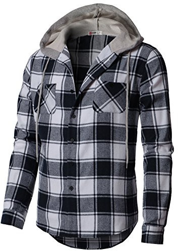 H2H Men's Flannel Plaid Checkered Long Sleeve Shirt Hoodie With Front Pockets