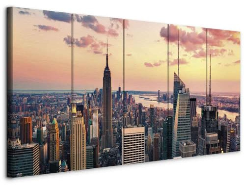 B&D XXL - Leinwandbild Skyline NYC Stadt, 225x90 cm, 5-teilig, Schlafzimmer | Hochwertige Leinwand, sofort aufhängbar, ideal fürs Wohn- oder Schlafzimmer, wasserfest und lichtecht, langlebig, stilvoll