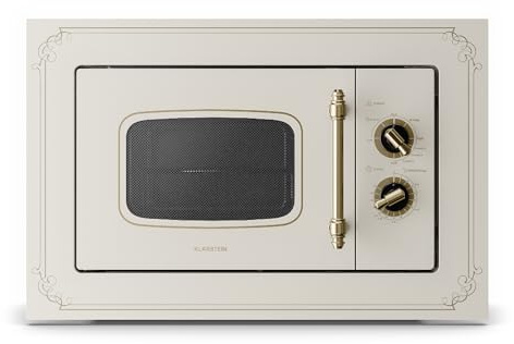 Klarstein Victoria 20 - Microondas, Diseño retro, 20 litros, Microondas de 800 W/Función grill de 1000 W, 3 funciones predeterminadas, Acero inoxidable, Incluye marco para montaje, Marfil